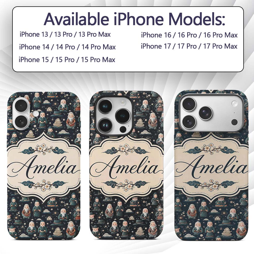 Cute Asian Elder Characters Traditional Theme Custom Name Protective Phone Case Mobile Cover Durable Everyday Smartphone Shock Resistant