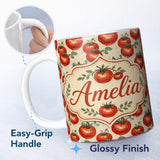 Personalized Custom Name Juicy Red Tomatoes with Vintage Drip Effect on Neutral Background 11oz Ceramic Coffee Tea Mug White Large Handle