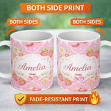Personalized Custom Name Strawberry Cherry Daisy Seamless Bright Pink Cute Coquette Floral 11oz Ceramic Coffee Tea Mug White Large Handle