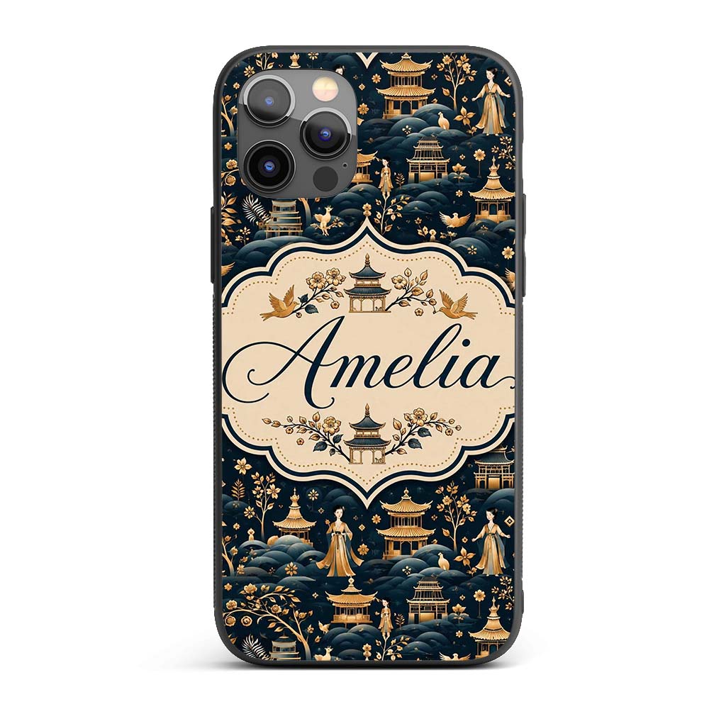Elegant Asian Garden with Pagodas and Figures Custom Name Protective Phone Case Mobile Cover Durable Everyday Smartphone Shock Resistant