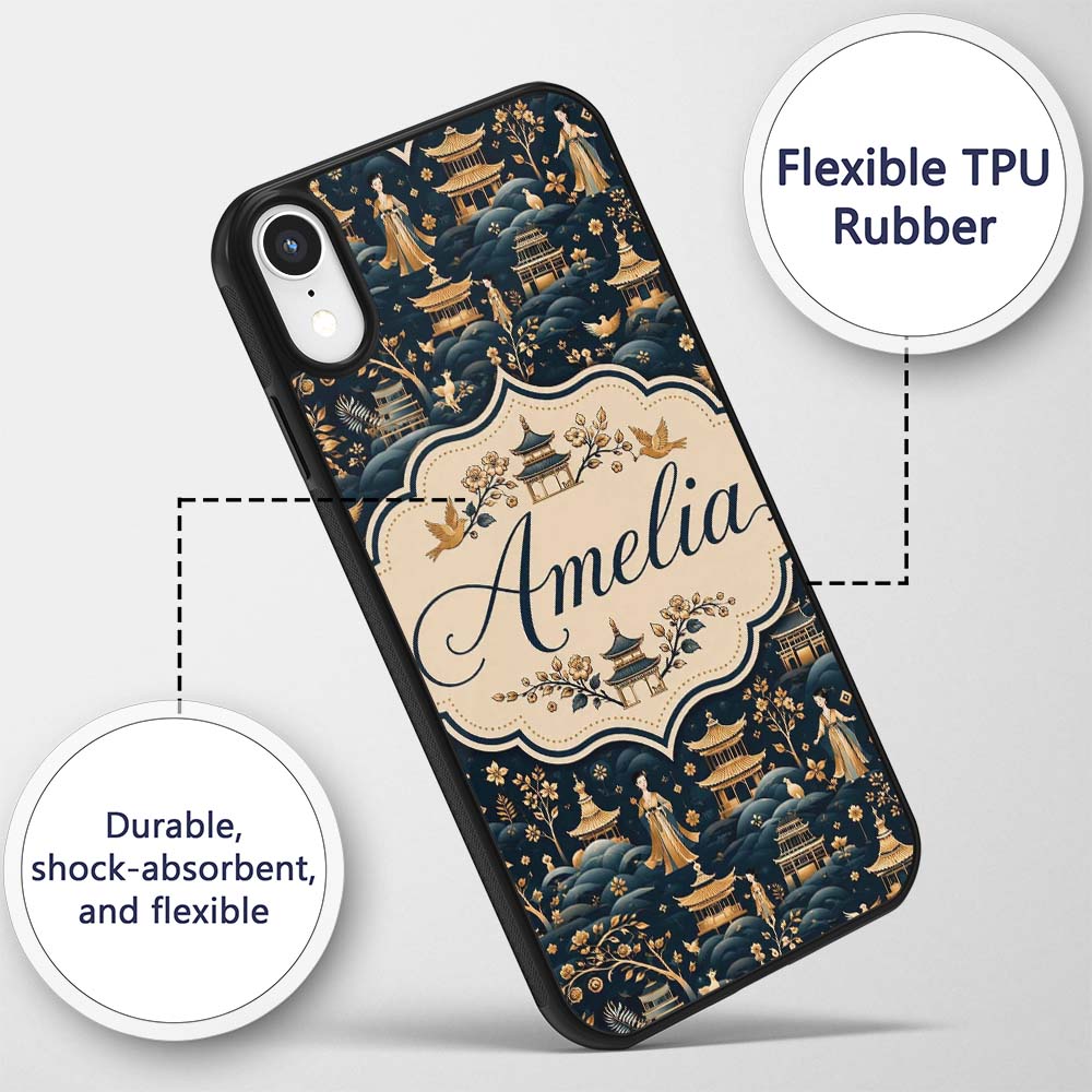 Elegant Asian Garden with Pagodas and Figures Custom Name Protective Phone Case Mobile Cover Durable Everyday Smartphone Shock Resistant