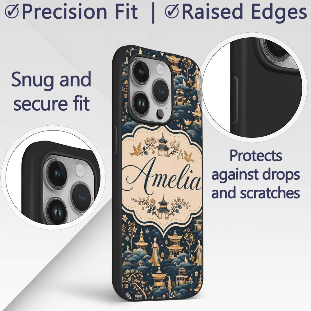 Elegant Asian Garden with Pagodas and Figures Custom Name Protective Phone Case Mobile Cover Durable Everyday Smartphone Shock Resistant