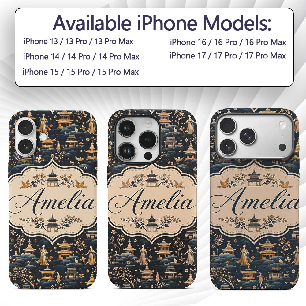 Elegant Asian Garden with Pagodas and Figures Custom Name Protective Phone Case Mobile Cover Durable Everyday Smartphone Shock Resistant