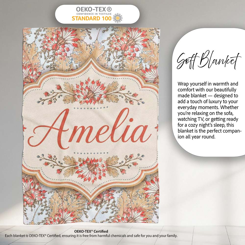 Vintage Botanical Floral Beige Background Classic Seamless Pattern  Personalised Custom Name Super Soft Fleece Blanket Bed Sofa Throw
