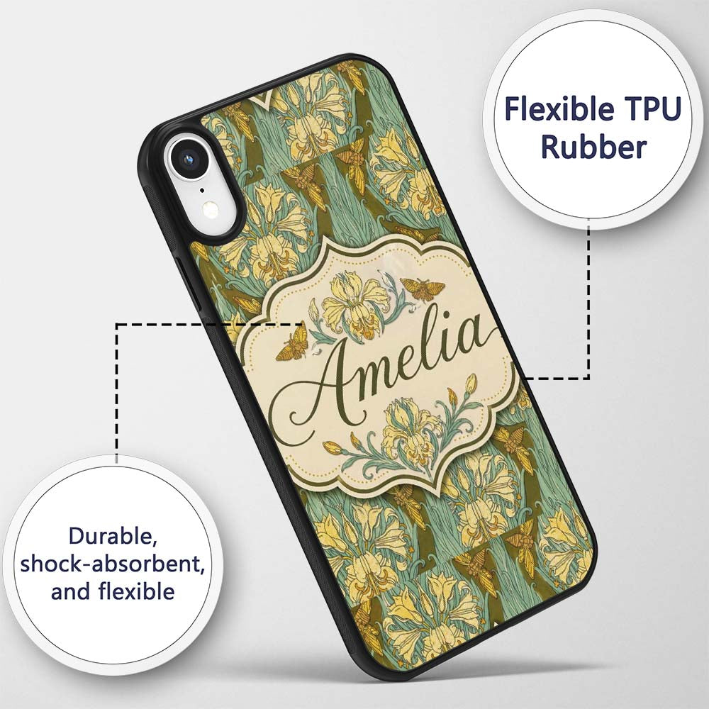 Art Nouveau Lily Flowers with Moths Decorative Custom Name Protective Phone Case Mobile Cover Durable Everyday Smartphone Shock Resistant