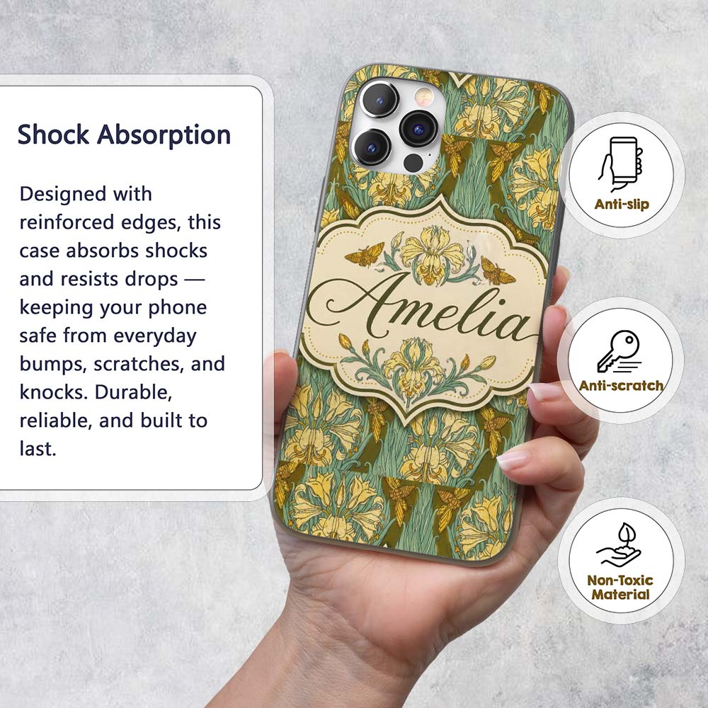 Art Nouveau Lily Flowers with Moths Decorative Custom Name Protective Phone Case Mobile Cover Durable Everyday Smartphone Shock Resistant
