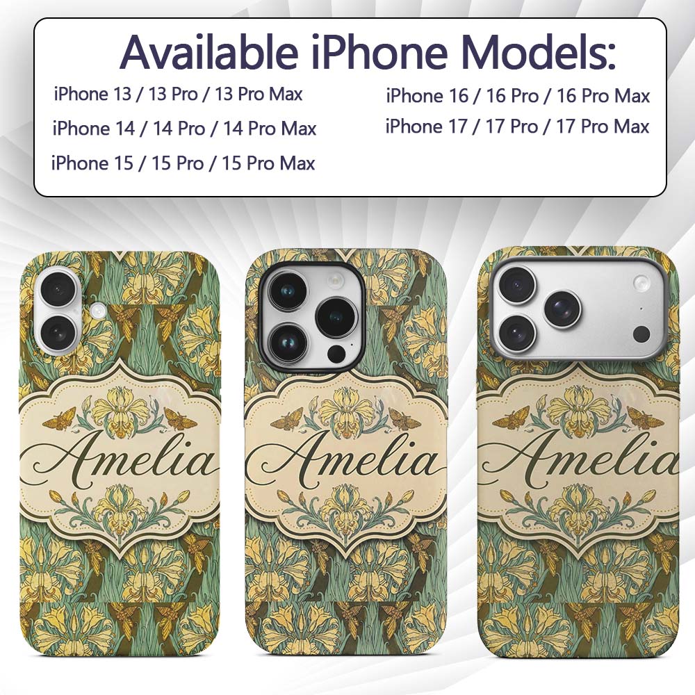 Art Nouveau Lily Flowers with Moths Decorative Custom Name Protective Phone Case Mobile Cover Durable Everyday Smartphone Shock Resistant