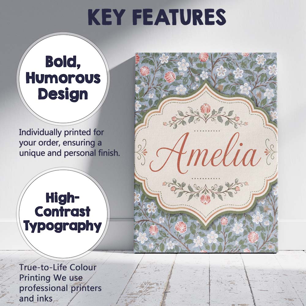 Personalised Name Delicate Small Floral Custom  Modern Room Accent Elegant Feature Canvas Wall Art Print Decor Picture Ready to Hang