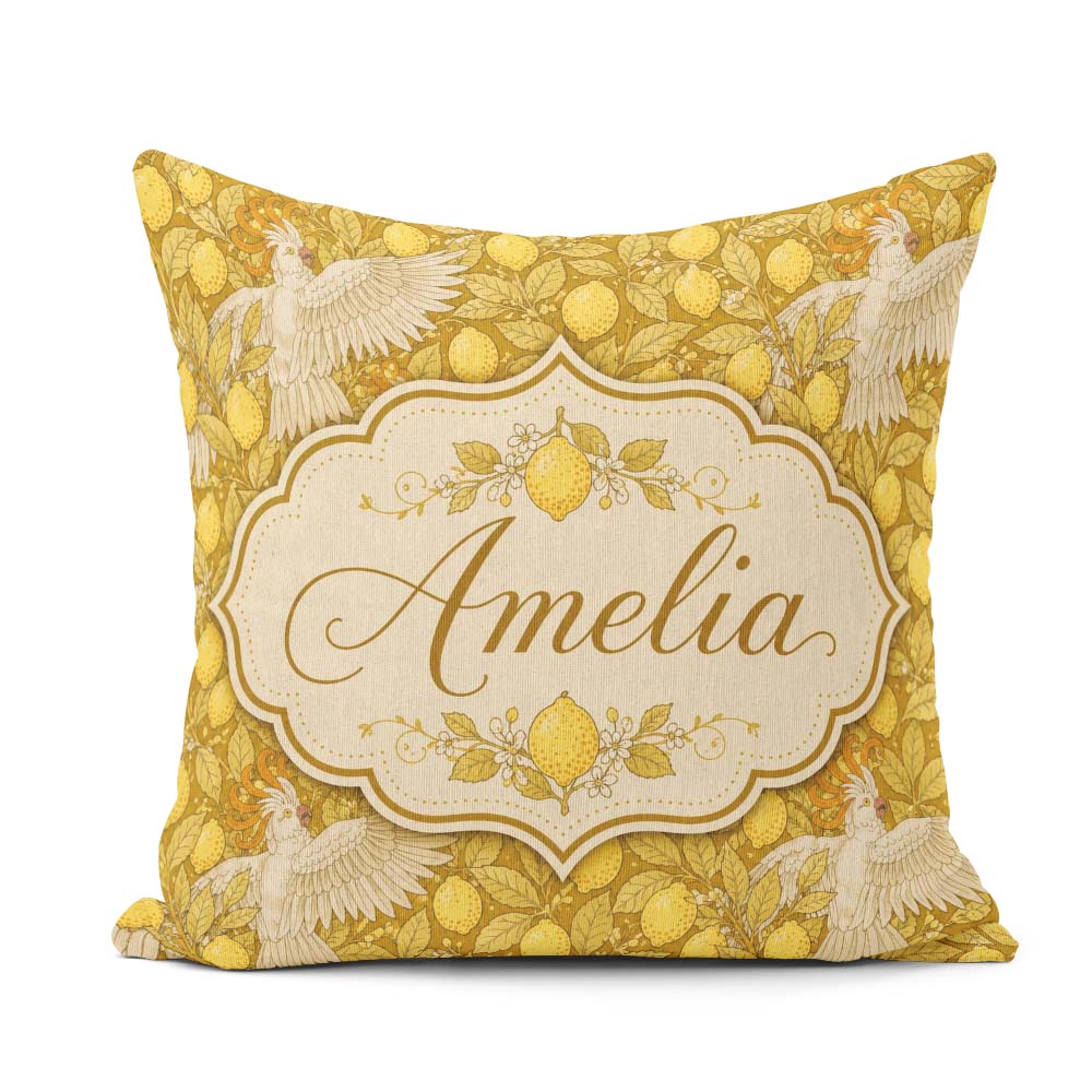 Custom Name White Cockatoo Birds Yellow Leaves Seamless Pattern Square Filled Cushion Throw Pillow Sofa Bed Home Decor Zip Washable UK Made