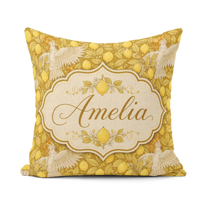 Custom Name White Cockatoo Birds Yellow Leaves Seamless Pattern Square Filled Cushion Throw Pillow Sofa Bed Home Decor Zip Washable UK Made