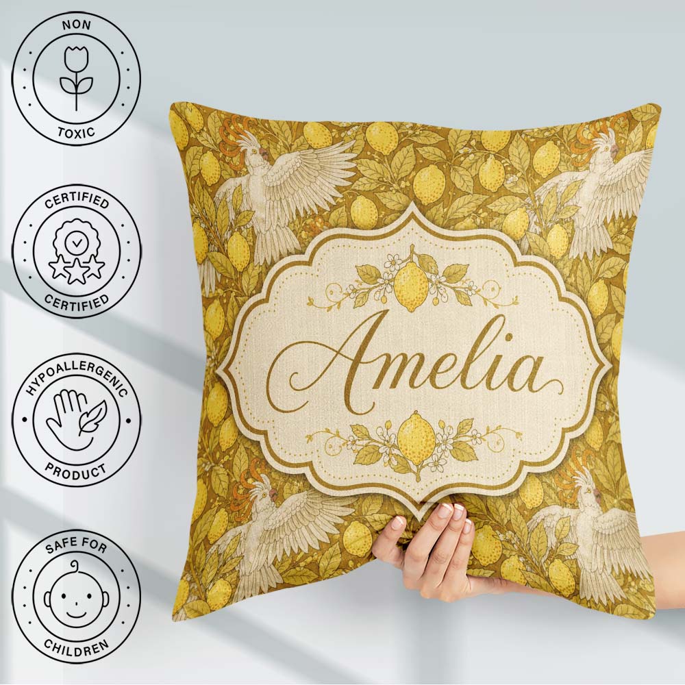 Custom Name White Cockatoo Birds Yellow Leaves Seamless Pattern Square Filled Cushion Throw Pillow Sofa Bed Home Decor Zip Washable UK Made