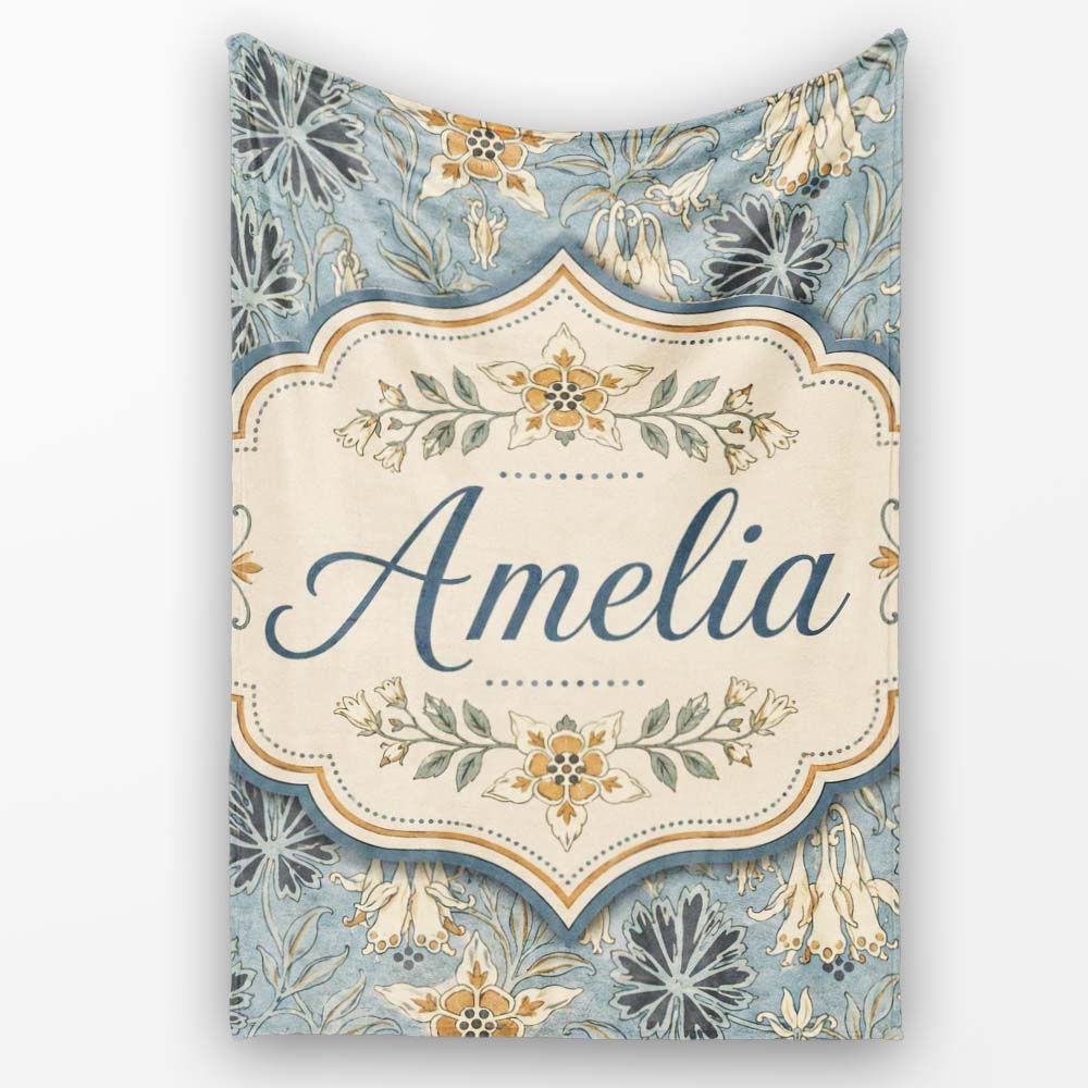 Vintage Floral Blue Background Botanical Leaves Seamless Pattern  Personalised Custom Name Super Soft Fleece Blanket Bed Sofa Throw