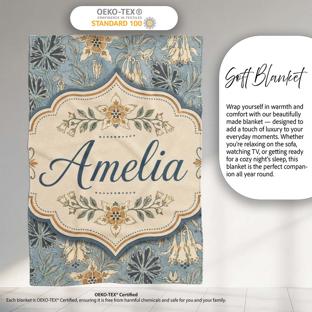 Vintage Floral Blue Background Botanical Leaves Seamless Pattern  Personalised Custom Name Super Soft Fleece Blanket Bed Sofa Throw