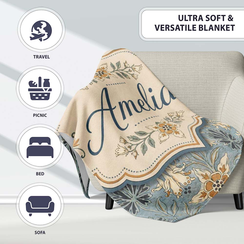 Vintage Floral Blue Background Botanical Leaves Seamless Pattern  Personalised Custom Name Super Soft Fleece Blanket Bed Sofa Throw