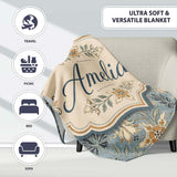 Vintage Floral Blue Background Botanical Leaves Seamless Pattern  Personalised Custom Name Super Soft Fleece Blanket Bed Sofa Throw