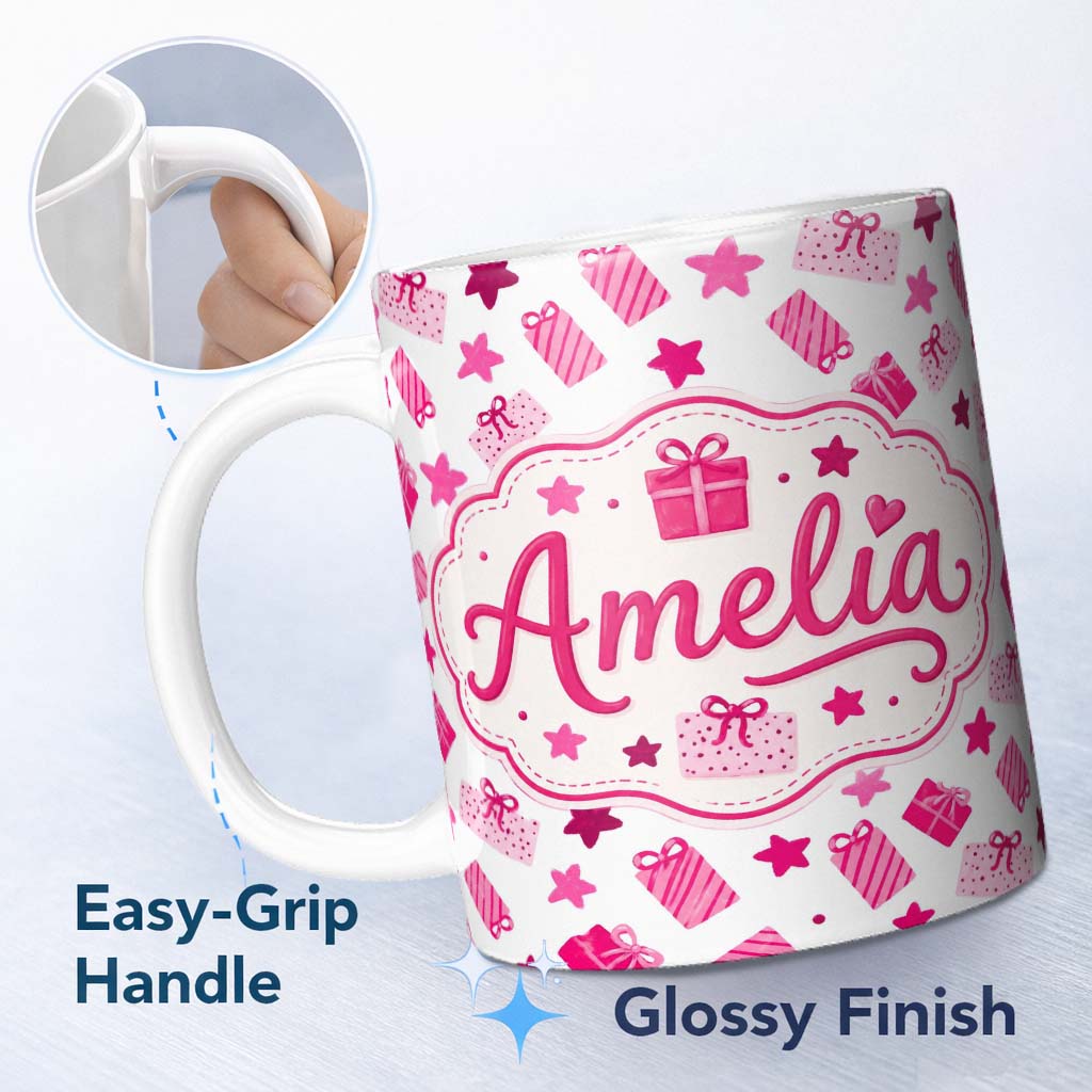 Personalized Custom Name Cute Pink Christmas Gifts Stars Hand Drawn Seamless Pattern Lovely 11oz Ceramic Coffee Tea Mug White Large Handle