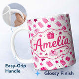 Personalized Custom Name Cute Pink Christmas Gifts Stars Hand Drawn Seamless Pattern Lovely 11oz Ceramic Coffee Tea Mug White Large Handle