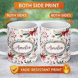 Personalized Custom Name Watercolor Christmas Bow Berry Branch Festive Seamless Pattern 11oz Ceramic Coffee Tea Mug White Large Handle