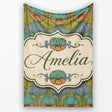 Art Nouveau Geometric Floral Motif Green Background Seamless Pattern  Personalised Custom Name Super Soft Fleece Blanket Bed Sofa Throw