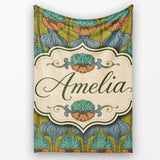 Art Nouveau Geometric Floral Motif Green Background Seamless Pattern  Personalised Custom Name Super Soft Fleece Blanket Bed Sofa Throw