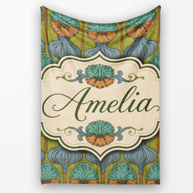 Art Nouveau Geometric Floral Motif Green Background Seamless Pattern  Personalised Custom Name Super Soft Fleece Blanket Bed Sofa Throw