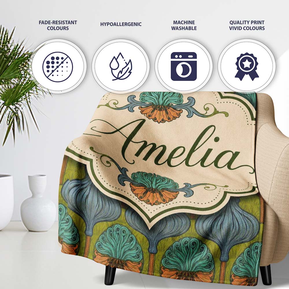 Art Nouveau Geometric Floral Motif Green Background Seamless Pattern  Personalised Custom Name Super Soft Fleece Blanket Bed Sofa Throw