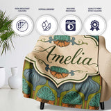 Art Nouveau Geometric Floral Motif Green Background Seamless Pattern  Personalised Custom Name Super Soft Fleece Blanket Bed Sofa Throw