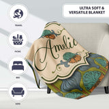 Art Nouveau Geometric Floral Motif Green Background Seamless Pattern  Personalised Custom Name Super Soft Fleece Blanket Bed Sofa Throw