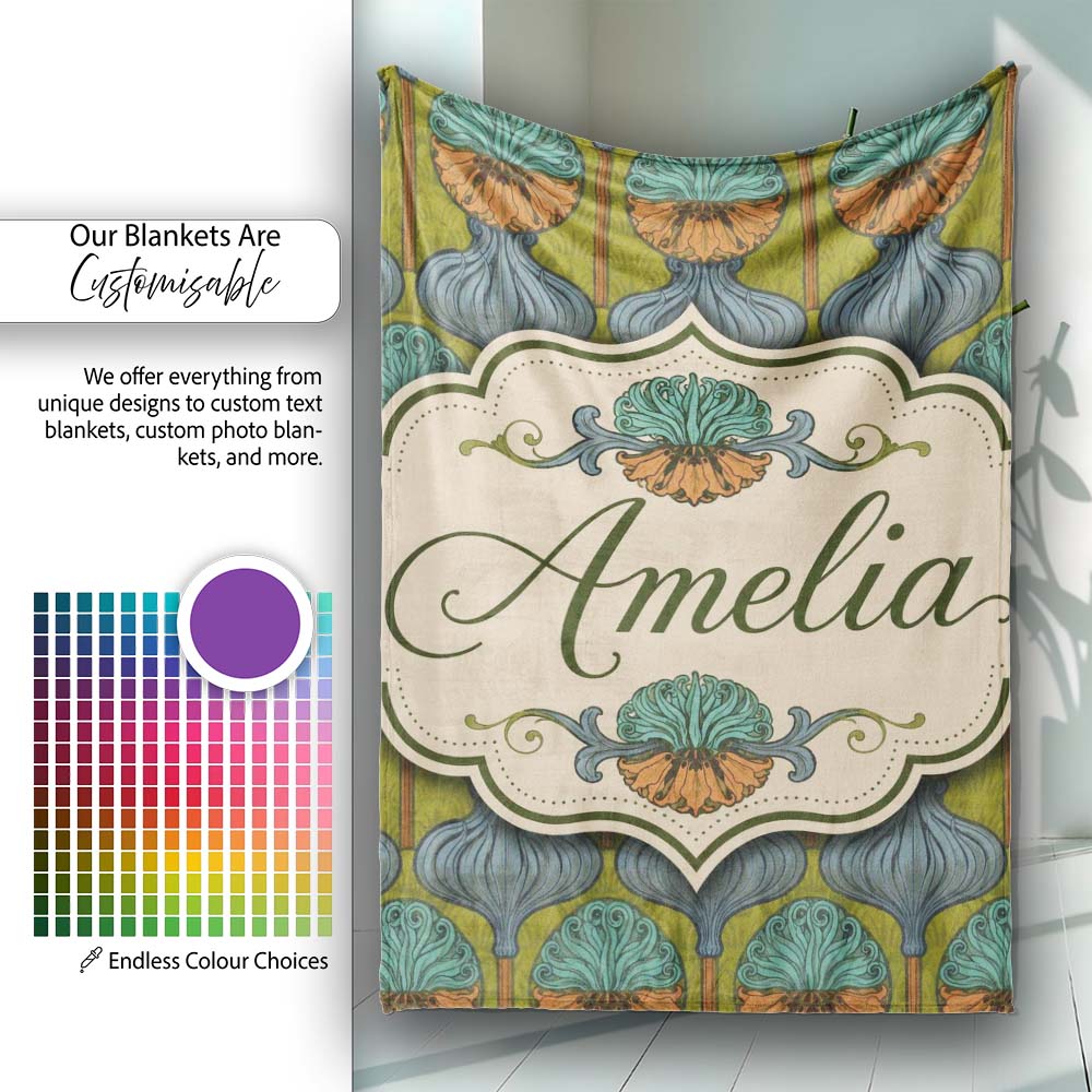 Art Nouveau Geometric Floral Motif Green Background Seamless Pattern  Personalised Custom Name Super Soft Fleece Blanket Bed Sofa Throw