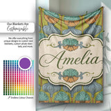 Art Nouveau Geometric Floral Motif Green Background Seamless Pattern  Personalised Custom Name Super Soft Fleece Blanket Bed Sofa Throw