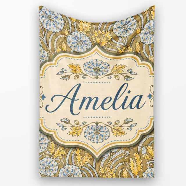 Ornate Vintage Floral Swirl Pattern with Yellow Blue Details Lovely  Personalised Custom Name Super Soft Fleece Blanket Bed Sofa Throw