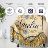 Ornate Vintage Floral Swirl Pattern with Yellow Blue Details Lovely  Personalised Custom Name Super Soft Fleece Blanket Bed Sofa Throw