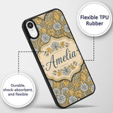 Ornate Vintage Floral Swirl Pattern with Yellow Custom Name Protective Phone Case Mobile Cover Durable Everyday Smartphone Shock Resistant