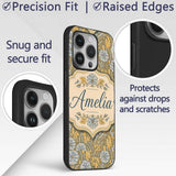 Ornate Vintage Floral Swirl Pattern with Yellow Custom Name Protective Phone Case Mobile Cover Durable Everyday Smartphone Shock Resistant