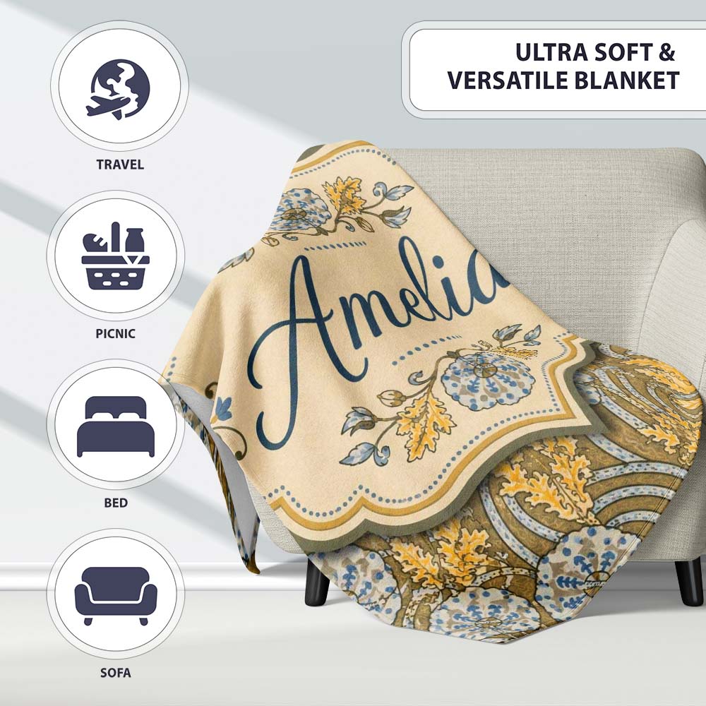 Ornate Vintage Floral Swirl Pattern with Yellow Blue Details Lovely  Personalised Custom Name Super Soft Fleece Blanket Bed Sofa Throw