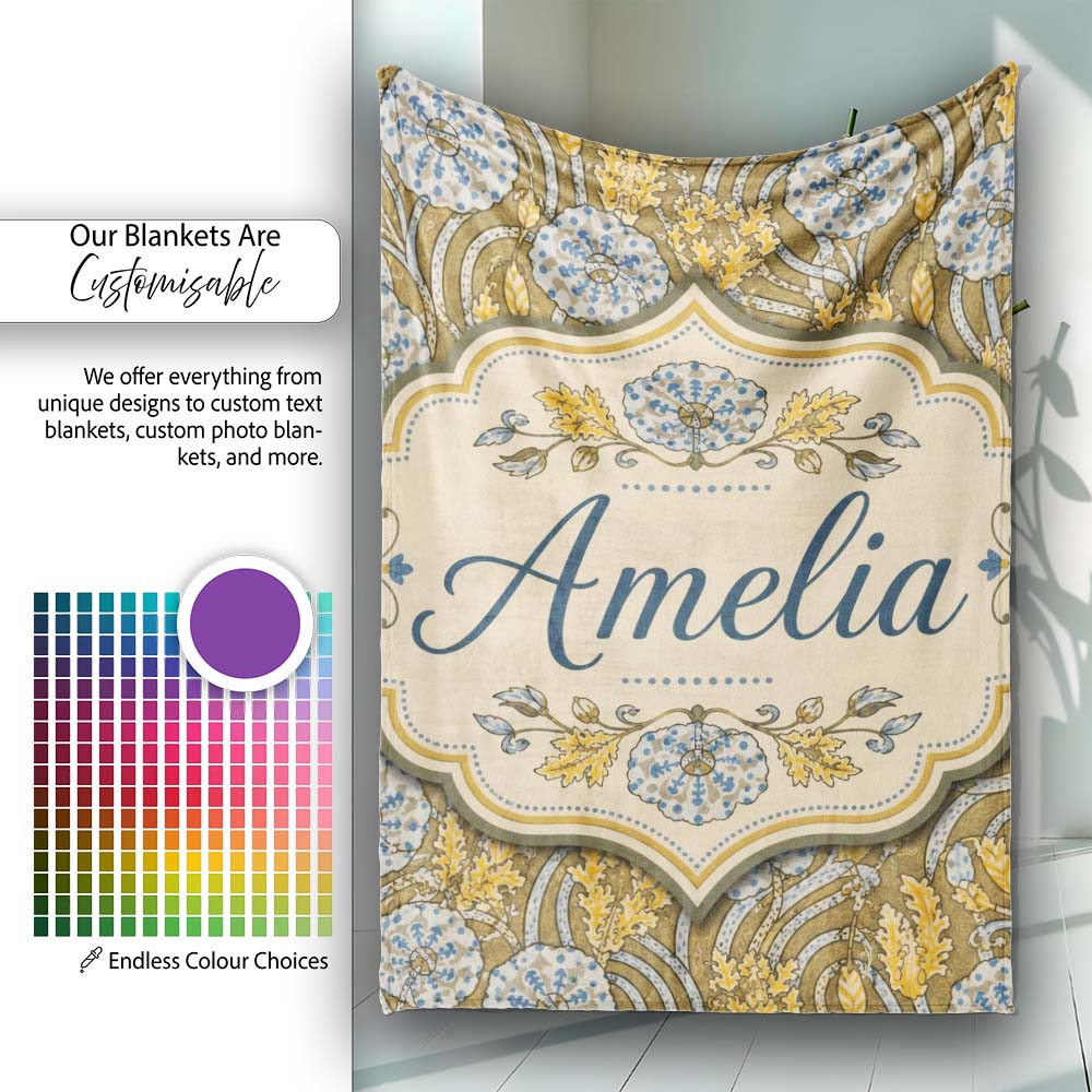 Ornate Vintage Floral Swirl Pattern with Yellow Blue Details Lovely  Personalised Custom Name Super Soft Fleece Blanket Bed Sofa Throw