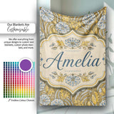 Ornate Vintage Floral Swirl Pattern with Yellow Blue Details Lovely  Personalised Custom Name Super Soft Fleece Blanket Bed Sofa Throw