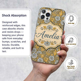 Ornate Vintage Floral Swirl Pattern with Yellow Custom Name Protective Phone Case Mobile Cover Durable Everyday Smartphone Shock Resistant
