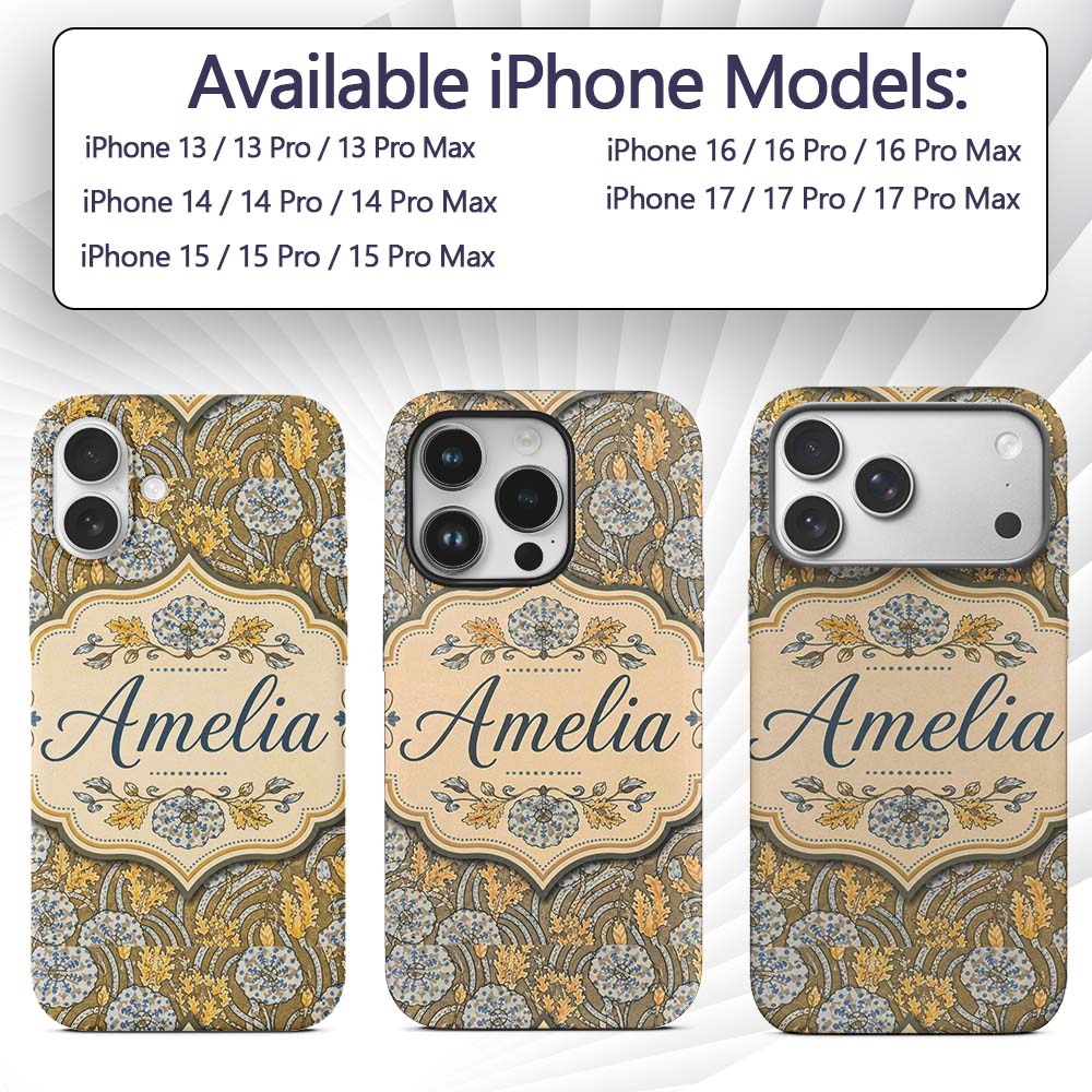 Ornate Vintage Floral Swirl Pattern with Yellow Custom Name Protective Phone Case Mobile Cover Durable Everyday Smartphone Shock Resistant