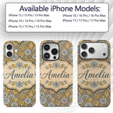 Ornate Vintage Floral Swirl Pattern with Yellow Custom Name Protective Phone Case Mobile Cover Durable Everyday Smartphone Shock Resistant