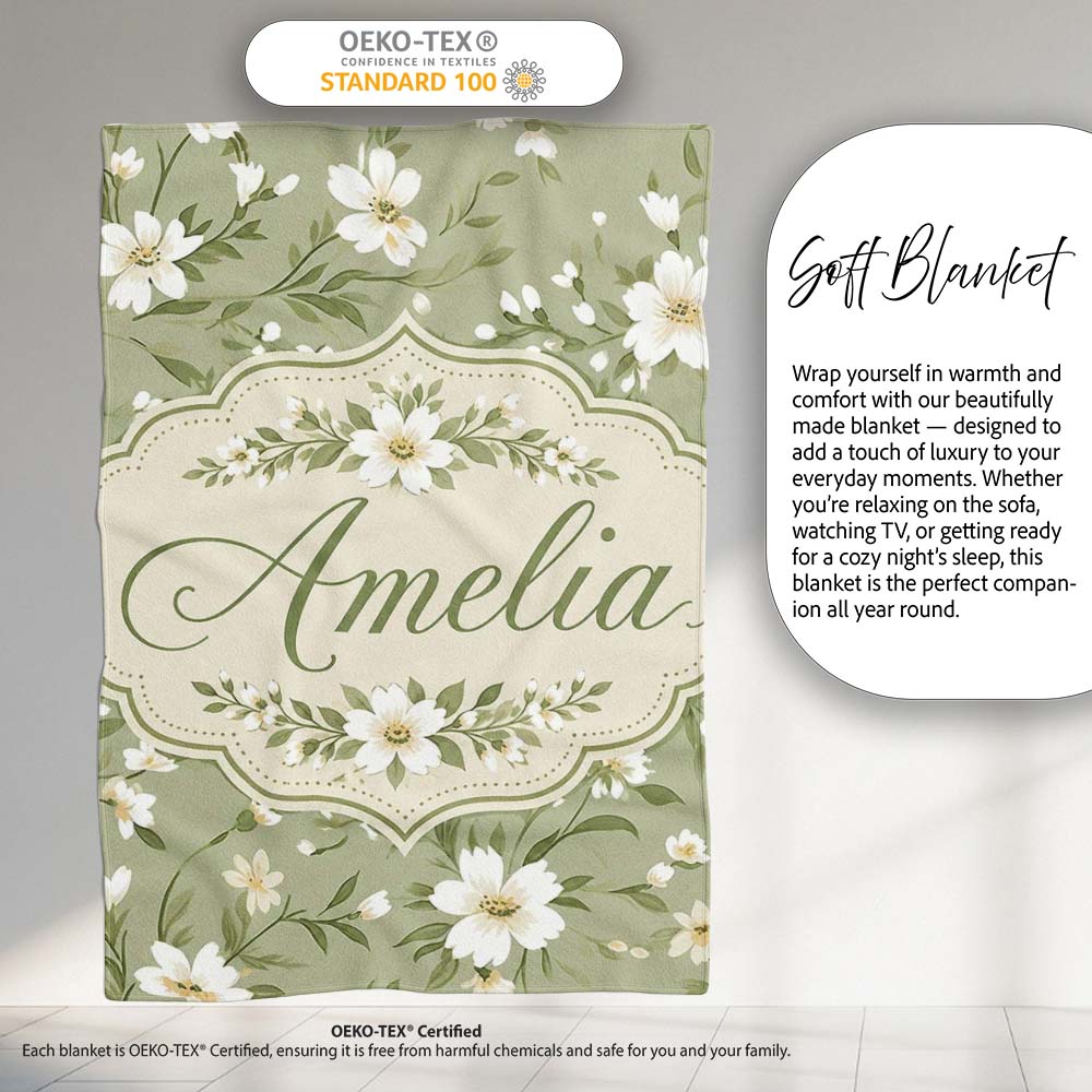 Soft White Floral Branches on Light Green Background Seamless Lovely  Personalised Custom Name Super Soft Fleece Blanket Bed Sofa Throw
