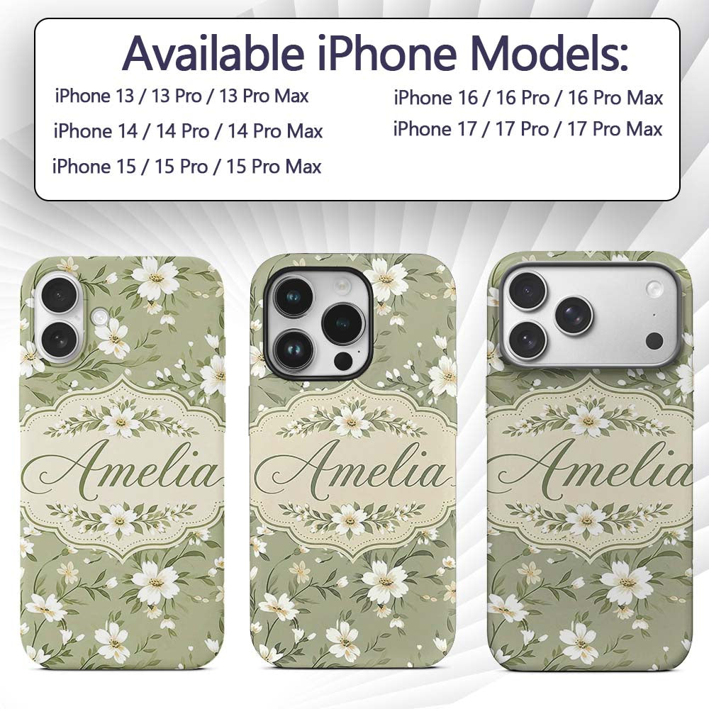Soft White Floral Branches on Printed Design Custom Name Protective Phone Case Mobile Cover Durable Everyday Smartphone Shock Resistant
