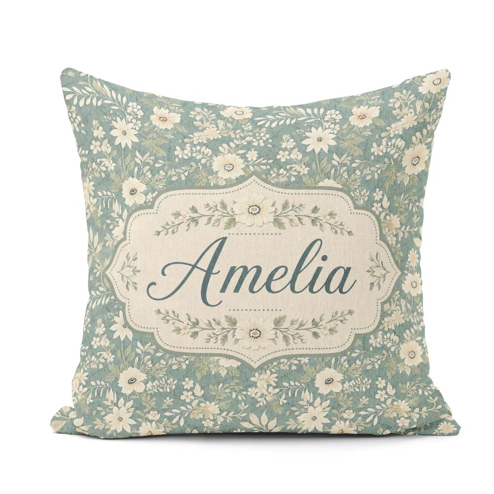 Custom Name Cream Floral Garden Pattern on Dusty Blue Background Square Filled Cushion Throw Pillow Sofa Bed Home Decor Zip Washable UK Made
