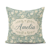 Custom Name Cream Floral Garden Pattern on Dusty Blue Background Square Filled Cushion Throw Pillow Sofa Bed Home Decor Zip Washable UK Made