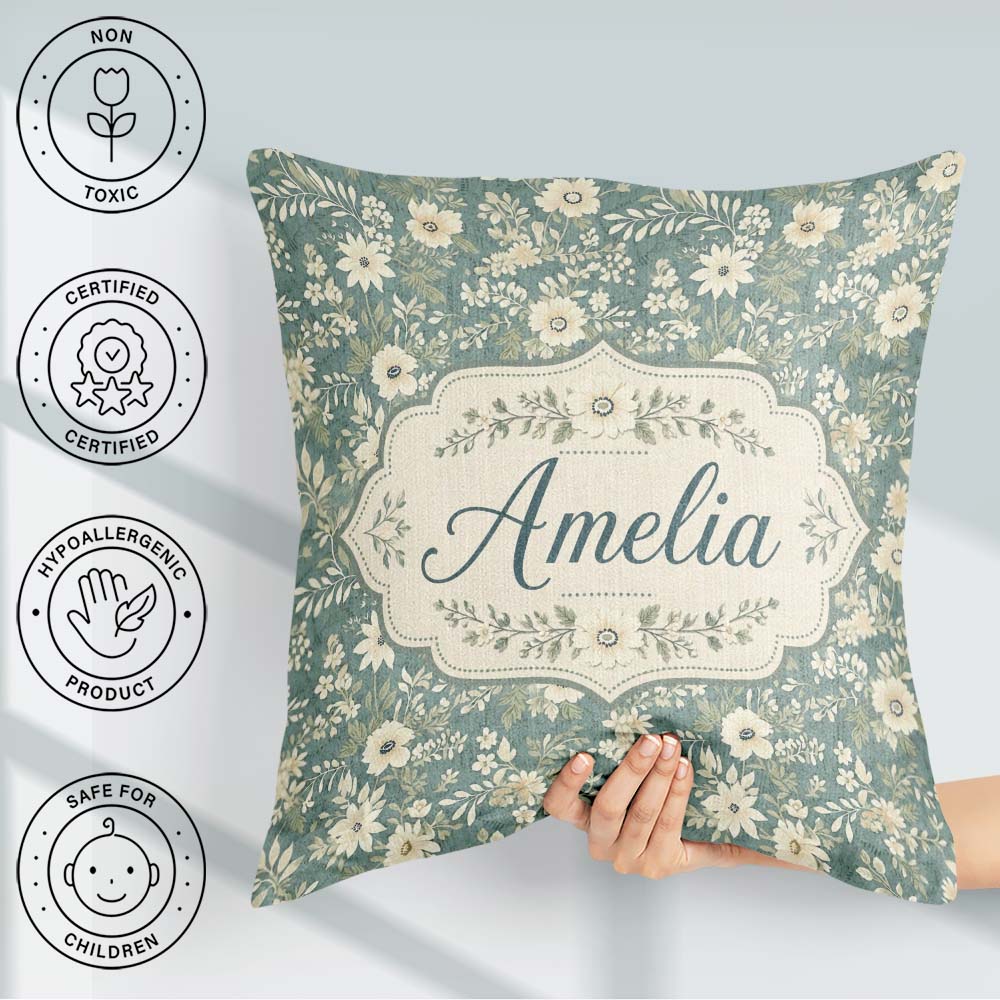 Custom Name Cream Floral Garden Pattern on Dusty Blue Background Square Filled Cushion Throw Pillow Sofa Bed Home Decor Zip Washable UK Made