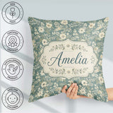 Custom Name Cream Floral Garden Pattern on Dusty Blue Background Square Filled Cushion Throw Pillow Sofa Bed Home Decor Zip Washable UK Made