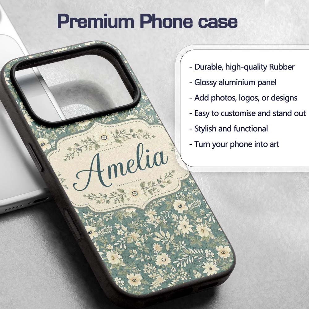 Delicate Cream Floral Garden Pattern on Dusty Custom Name Protective Phone Case Mobile Cover Durable Everyday Smartphone Shock Resistant