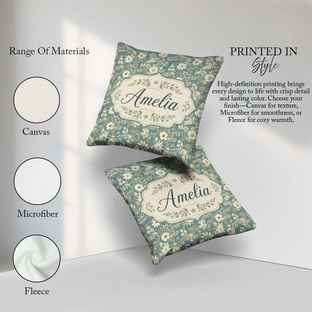 Custom Name Cream Floral Garden Pattern on Dusty Blue Background Square Filled Cushion Throw Pillow Sofa Bed Home Decor Zip Washable UK Made
