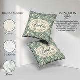 Custom Name Cream Floral Garden Pattern on Dusty Blue Background Square Filled Cushion Throw Pillow Sofa Bed Home Decor Zip Washable UK Made