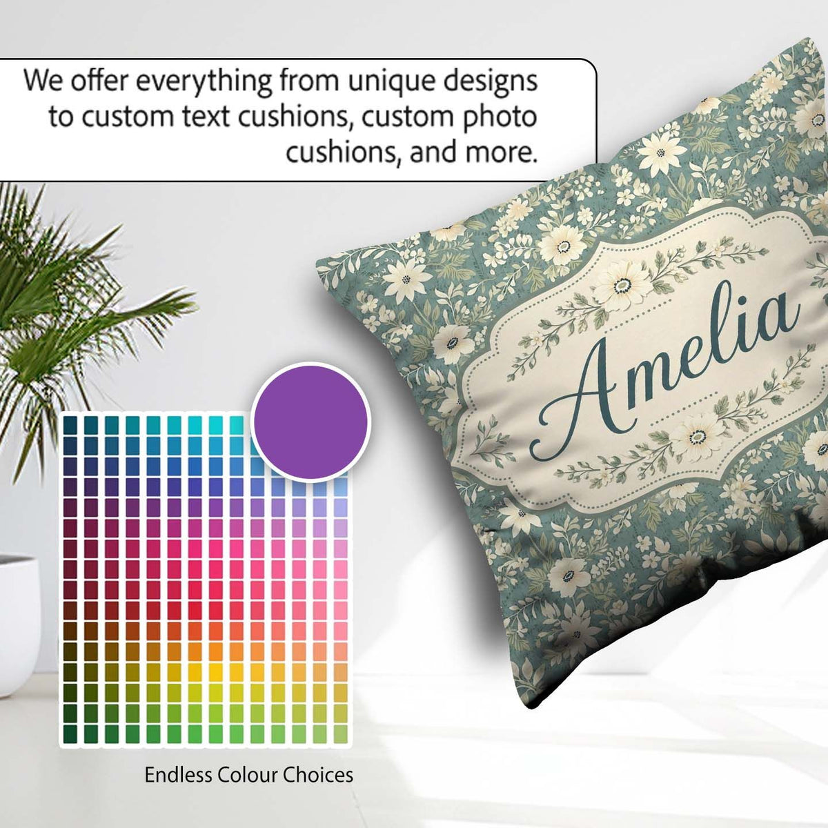 Custom Name Cream Floral Garden Pattern on Dusty Blue Background Square Filled Cushion Throw Pillow Sofa Bed Home Decor Zip Washable UK Made